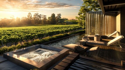 Wall Mural - A high-end terrace lounge with a sleek water feature, elegant loungers, and a serene view of a lush vineyard bathed in the golden light of late afternoon.