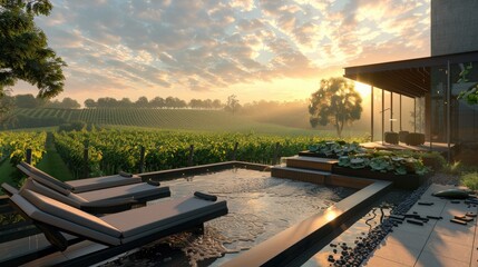 Wall Mural - A high-end terrace lounge with a sleek water feature, elegant loungers, and a serene view of a lush vineyard under the soft glow of the morning sun.