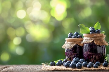 glass jars filled with rich, dark blueberry jam, outdoors on a wooden surface