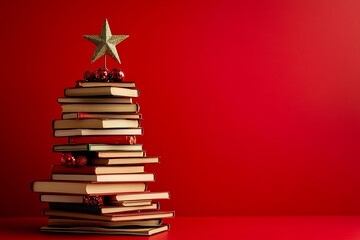 Christmas concept background. Books in the form of a christmas tree with christmas balls and red star over christmas lights and snowflakes