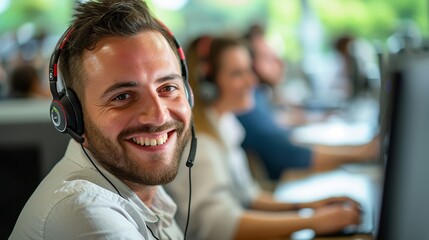 Smiling call center worker wearing headset, providing customer support with professional team in a modern office environment.