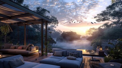 Wall Mural - A luxurious terrace lounge with a chic pergola, plush sofas, and a panoramic view of a serene forest at dawn, with the morning mist rising from the ground and birds singing.