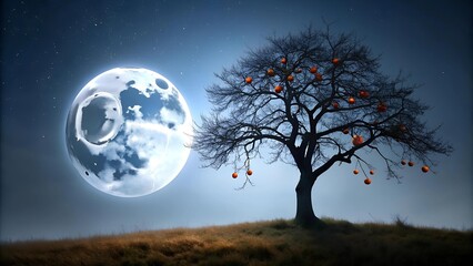 Wall Mural - Silhouetted Serenity: A Persimmon Tree Bathed in Moonlight  AI Generated