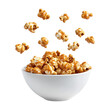 © ideaCuz Studio - Bowl Of Caramel Popcorn With Floating Caramel Drizzle On Transparent Png Background For Crunchy Snack Advertisements . Generative ai