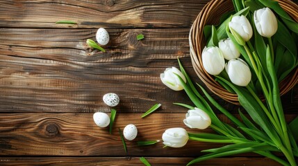 Wall Mural - Easter themed White eggs and tulips in basket on wooden table viewed from above