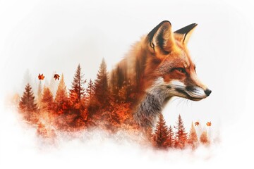 Wall Mural - Red fox emerging from autumn forest double exposure