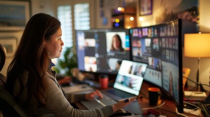 Professional businesswoman engaging in remote work with laptop in home office environment, participating in teleconference and collaborating with team for efficient hybrid work and telecommuting