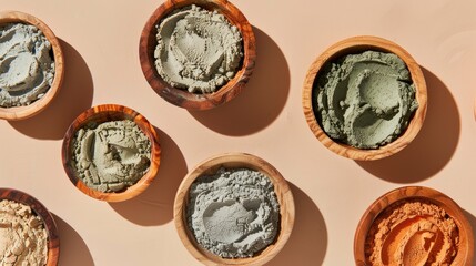 Wall Mural - Organic clay facial masks in wooden bowls on beige backdrop signify home skincare