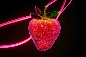 Wall Mural - Neon wireframe jostaberry fruit with pink light trails isolated on black background.