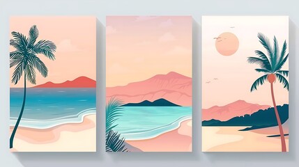 Wall Mural - Beautiful illustration of a tropical beach sunset with palm trees, mountains, and a clear blue ocean.