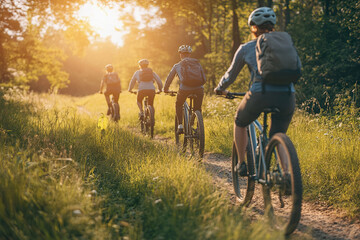 Group of Friends Mountain Biking on Forest Trail at Sunset