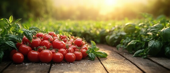 Close-up of fresh ingredients being collected, field in the background, expressions of joyful spirit, space for text.