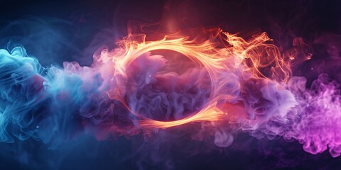 Canvas Print - Vibrant smoke patterns within illuminated circle on black backdrop, representing contemporary art. 3D Illustration.