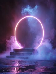Canvas Print - Mysterious futuristic teleportation gateway surrounded by mist and illuminated by neon lights in a dark setting.