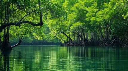 Wall Mural - A placid mangrove forest at high tide, its green canopy reflecting in the still waters. 