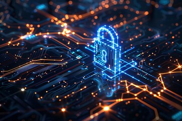 Wall Mural - 3d illustration of a blue padlock icon surrounded by glowing digital lines and circuit patterns, sym