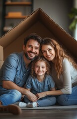 Happy family sitting on the floor in their new home with moving boxes and cardboard roof, playing