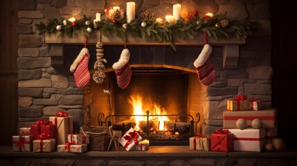 Wall Mural - Beautiful christmas decorated fireplace in dark interior. Neural network ai generated art