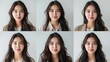 © SHI - It's a six-panel collage of a very beautiful European Xinjiang woman, 25 years old, with thin lips, a pointed nose, clear skin, long dark hair, natural makeup, and a friendly demea