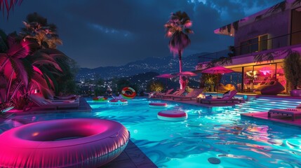 Wall Mural - realistic photo in a huge pool with inflatable toys and a deck with sunchairs and a tropical vibe, at night