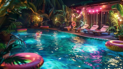 Wall Mural - realistic photo in a huge pool with inflatable toys and a deck with sunchairs and a tropical vibe, at night