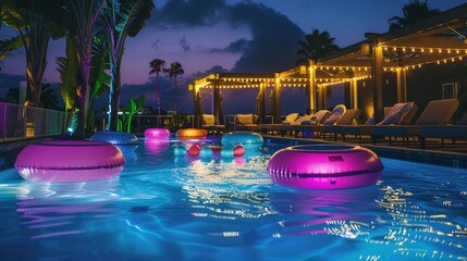 Wall Mural - realistic photo in a huge pool with inflatable toys and a deck with sunchairs and a tropical vibe, at night