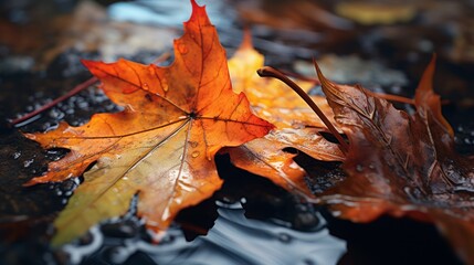 Maple autumn leaf on wet asphalt after rain. Neural network ai generated art