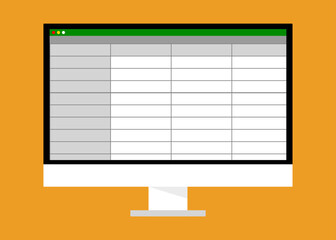 vector image of a computer with a screen displaying a spreadsheet program, minimal illustration