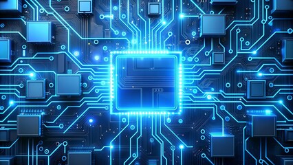 Wall Mural - neon blue digital blocks in a web of circuits ai generated