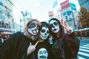 Wall Mural - scary halloween skull make japanese woman