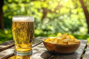 Refreshing glass of beer next to crispy potato chips on sunlit table outdoors