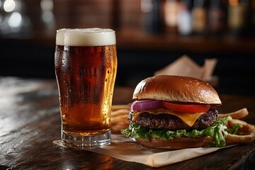 Delicious cheeseburger with lettuce and tomato served with cold beer and crispy fries in a cozy restaurant