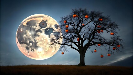 Wall Mural - Silhouetted Serenity: A Persimmon Tree Under the Full Moon  AI generated