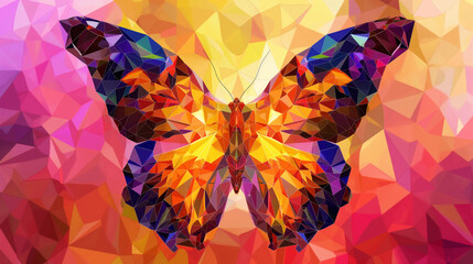 Wall Mural - Geometric Butterfly: A vibrant, abstract butterfly, rendered in a stunning low-poly style, against a background of colorful geometric shapes. The design features a captivating interplay of light and s