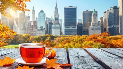 Wall Mural - A cup of hot tea with autumn leaves