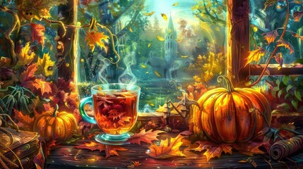 Poster - A cup of hot tea with autumn leaves