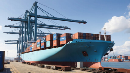 A large container vessel is docked, unloading colorful cargo containers at a bustling port under a clear blue sky