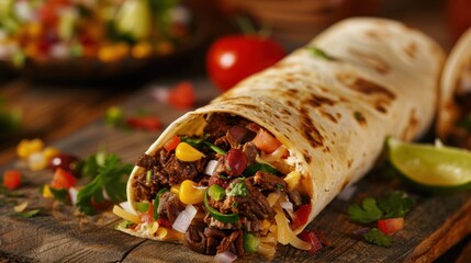 Wall Mural - Delicious Burrito Filled With Beef, Corn, and Cheese