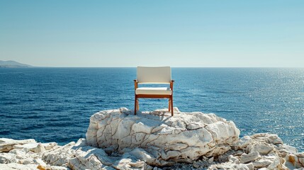 Wall Mural - A chair on a white rock on the beach, Greece, has a clear blue sky and the Mediterranean Sea