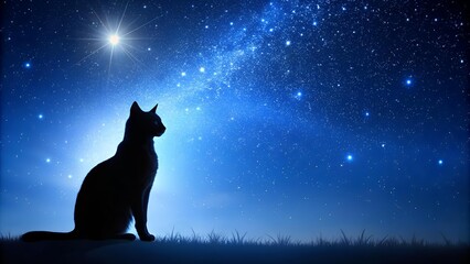 Naklejka na meble Midnight Muse: A Silhouetted Cat Against a Vibrant Blue Night Sky  AI generated