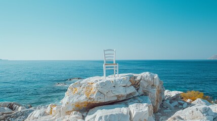 Wall Mural - A chair on a white rock on the beach, Greece, has a clear blue sky and the Mediterranean Sea