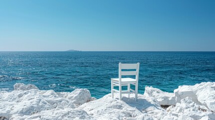 Wall Mural - A chair on a white rock on the beach, Greece, has a clear blue sky and the Mediterranean Sea