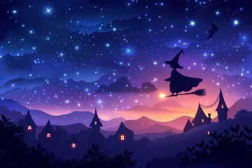 A witch flying on a broomstick against a starry sky is captured in a flat design illustration.