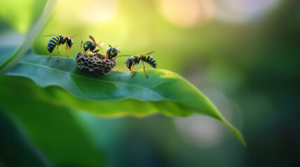 Canvas Print - Tiny wasps construct a nest on a leaf, with the background artfully blurred.