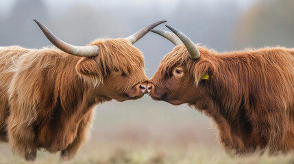 two highland cattle greet each other in suffolk, england.