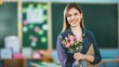© Victoria - A smiling teacher stands in her classroom, holding a beautiful bouquet of pink flowers, a symbol of appreciation and recognition for her hard work