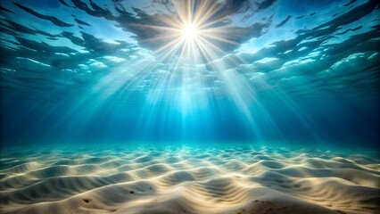 Wall Mural - sunbeams through the silt: an underwater sand seabed illuminated by caustic light generative ai