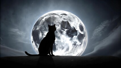 Wall Mural - Silhouette of Mystery: A Black Cat Against a Full Moon  generative AI
