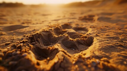 Poster - A close-up of a horsea??s hoofprint in the sand with a soft focus on the surrounding environment.