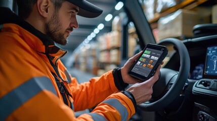 A delivery driver checks his route on a tablet while sitting in the cab of his truck.